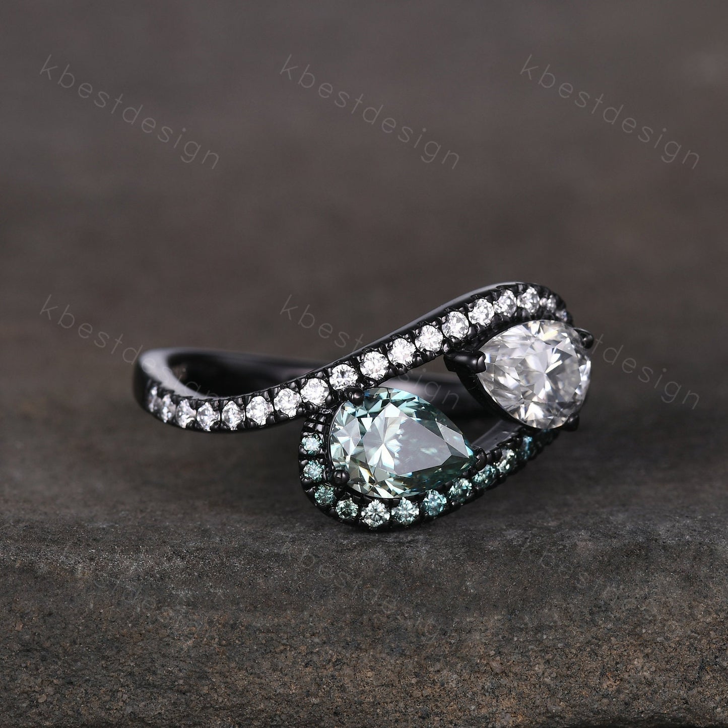 Toi et Moi Ring, Pear Green Moissanite Engagement Ring, Infinity Black Gold Ring, Double Moissanite Ring, Two Stone Ring, Promise Ring