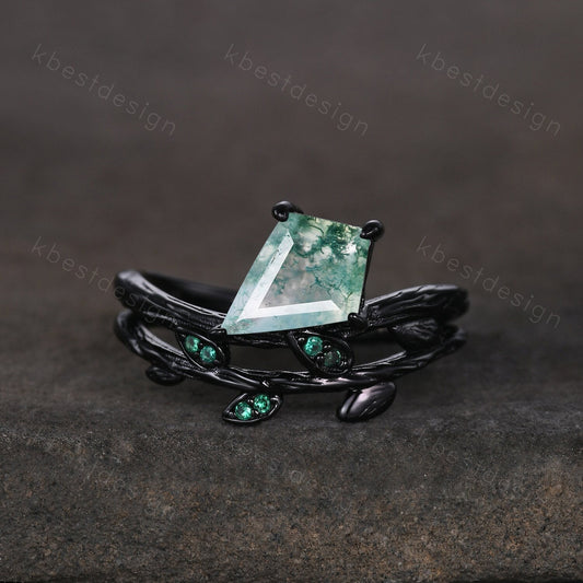 Nature branch moss agate engagement ring black gold kite cut ring unique art deco emerald wedding ring twig leaf ring bridal promise ring