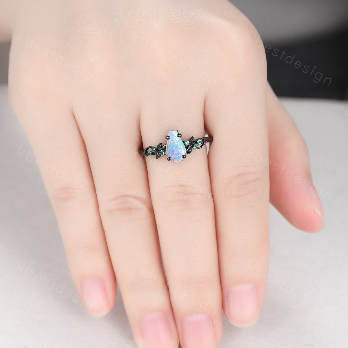 Coffin cut white opal engagement ring Black gold ring Art deco leaf design emerald wedding ring October birthstone bridal promise ring