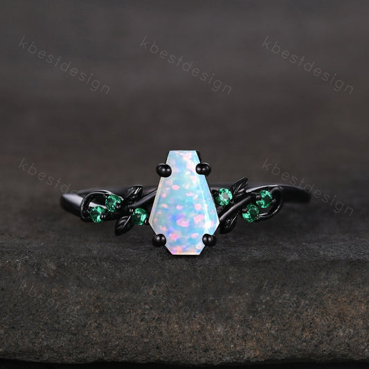 Coffin cut white opal engagement ring Black gold ring Art deco leaf design emerald wedding ring October birthstone bridal promise ring