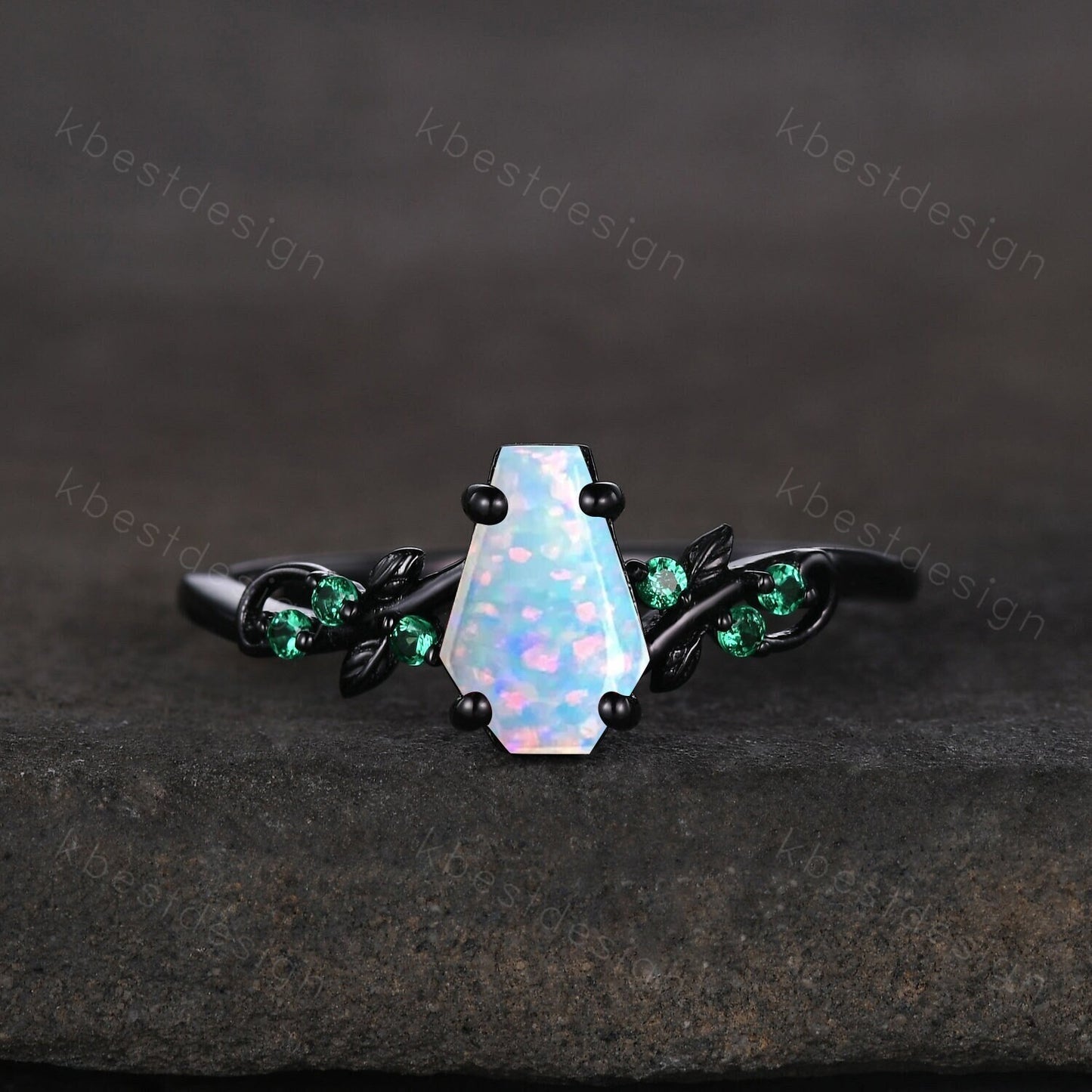 Coffin cut white opal engagement ring Black gold ring Art deco leaf design emerald wedding ring October birthstone bridal promise ring