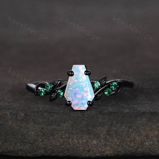 Coffin cut white opal engagement ring Black gold ring Art deco leaf design emerald wedding ring October birthstone bridal promise ring