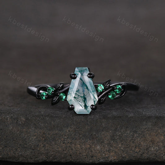 Green moss agate engagement ring Black gold ring Art deco leaf design emerald wedding ring unique coffin cut ring bridal promise ring