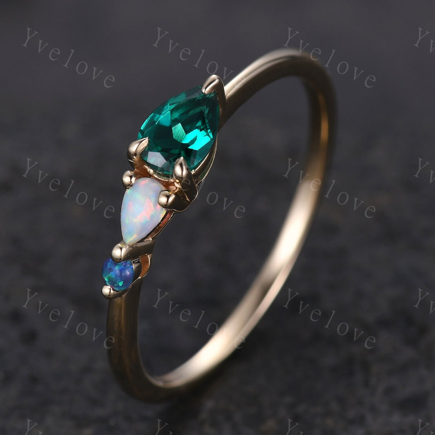 Vintage Emerald Opal Engagement Ring,Pear Cut Gems,Art Deco Black Opal Wedding Band,3 Stone Unique Women Bridal Promise Ring,Customized Gift