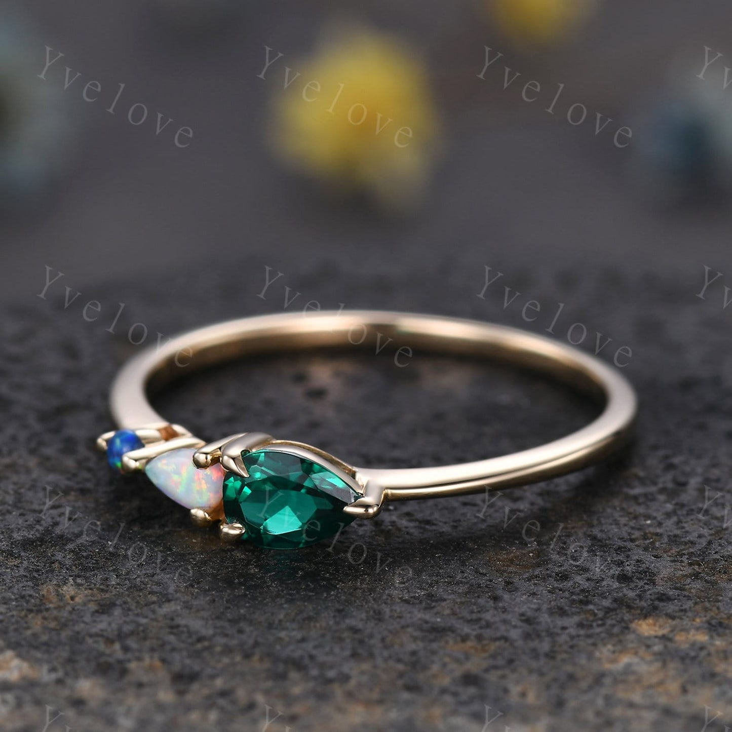Vintage Emerald Opal Engagement Ring,Pear Cut Gems,Art Deco Black Opal Wedding Band,3 Stone Unique Women Bridal Promise Ring,Customized Gift