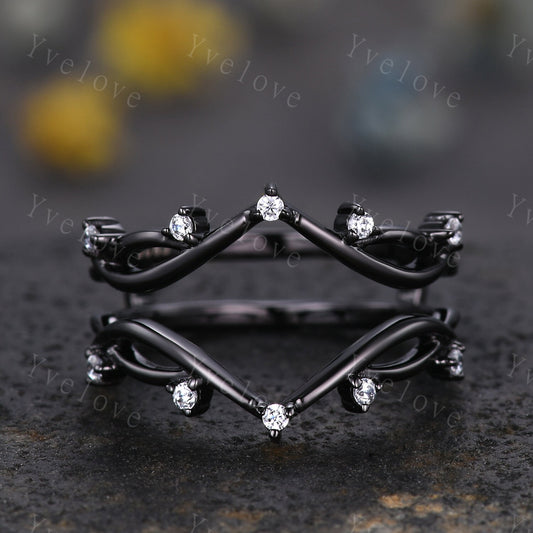 Vintage Twig Engagement Ring,Twig Enhancer Stacking Band,Women Vine Band,Art Deco Curved Branch Moissanite Wedding Band,Black Rhodium Ring