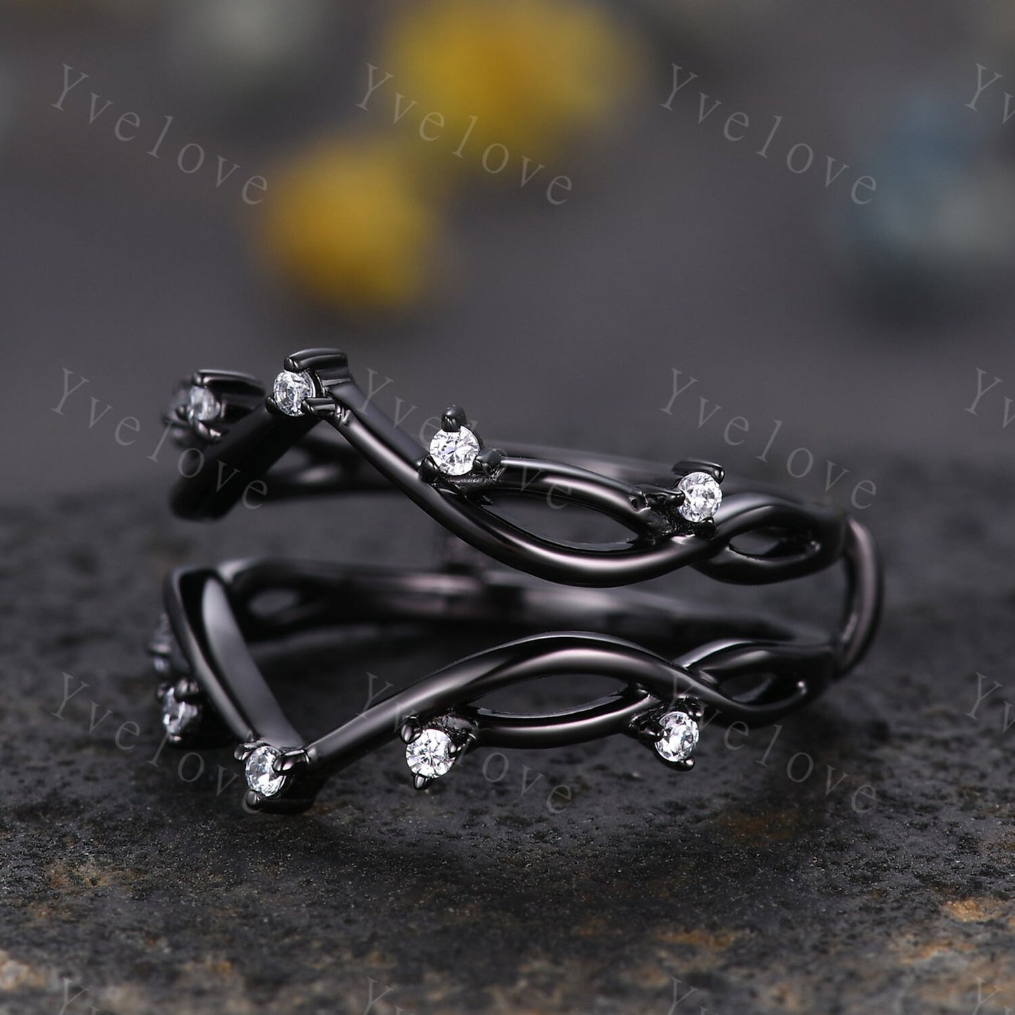 Vintage Twig Engagement Ring,Twig Enhancer Stacking Band,Women Vine Band,Art Deco Curved Branch Moissanite Wedding Band,Black Rhodium Ring