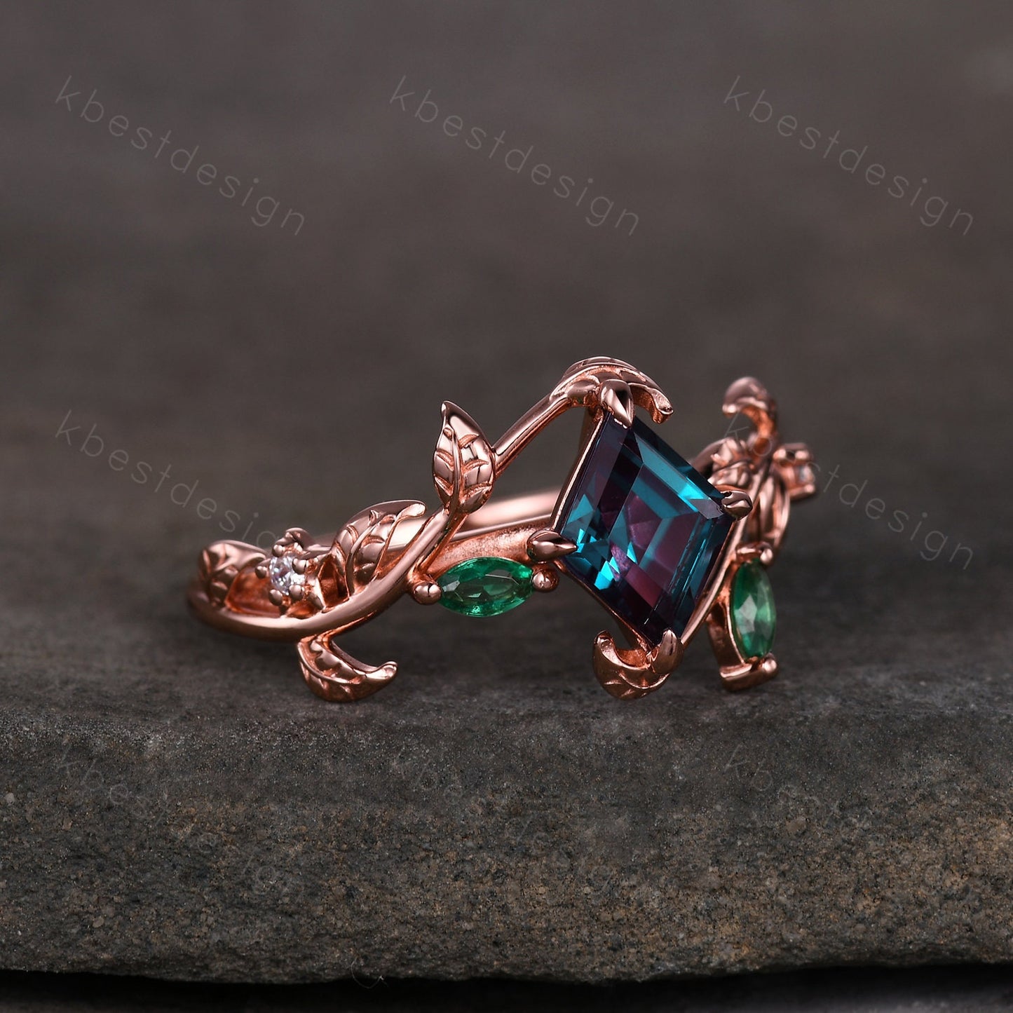 Lozenge cut Alexandrite engagement ring rose gold Art deco leaf design ring marquise cut emerald ring unique twig branch ring promise ring