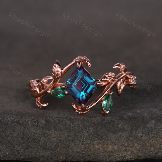 Lozenge cut Alexandrite engagement ring rose gold Art deco leaf design ring marquise cut emerald ring unique twig branch ring promise ring