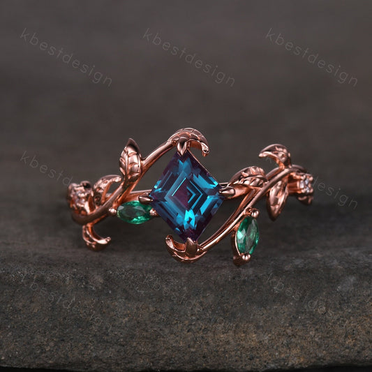 Lozenge cut Alexandrite engagement ring rose gold Art deco leaf design ring marquise cut emerald ring unique twig branch ring promise ring