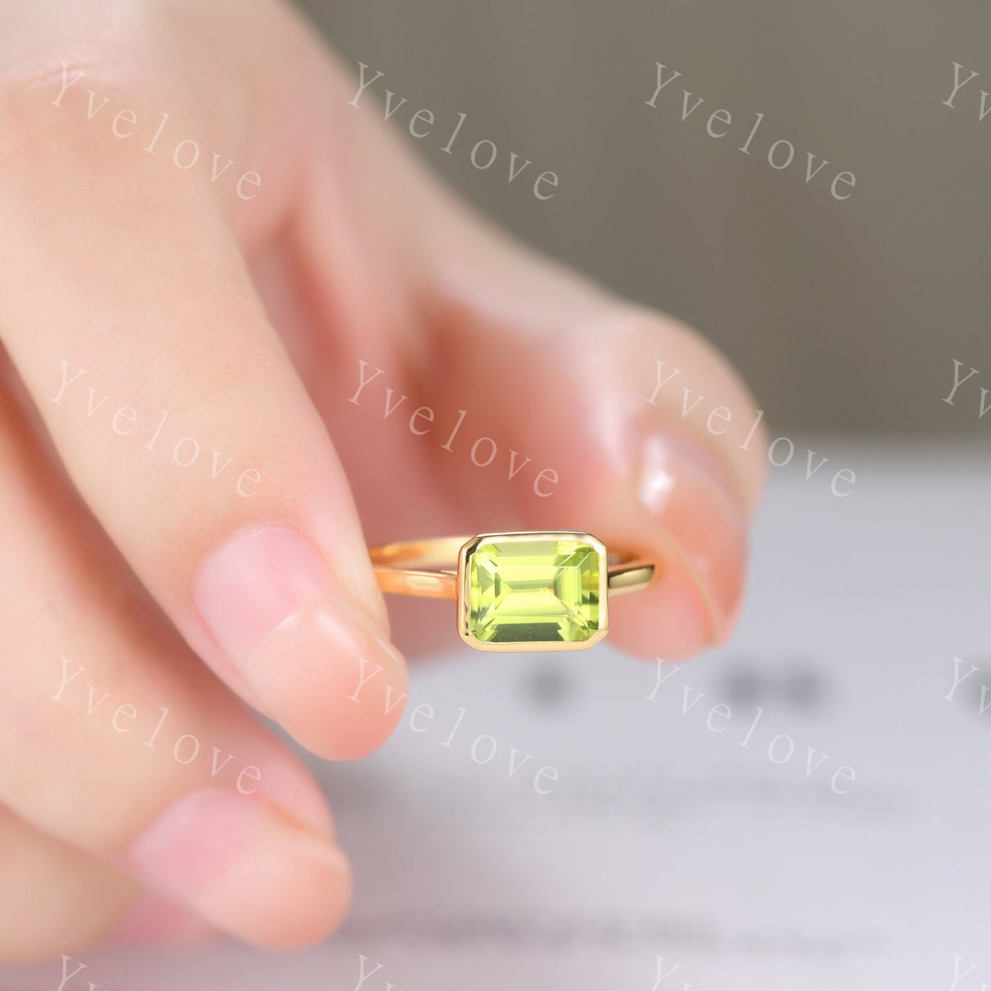 Emerald Cut Peridot Engagement Ring,East To West Ring,Solitaire Ring,Bezel Set Ring,Wedding Ring,Solid White Gold,Thin band Bridal Gift
