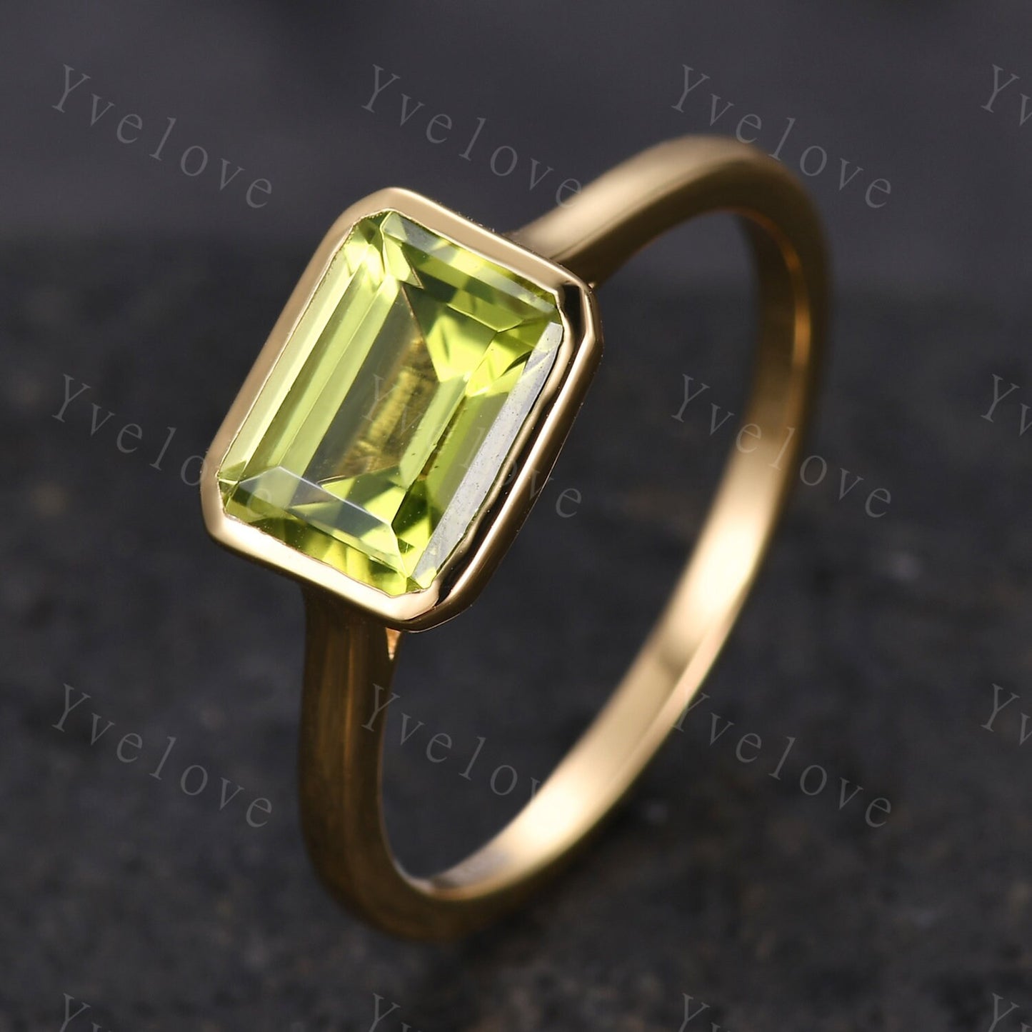 Emerald Cut Peridot Engagement Ring,East To West Ring,Solitaire Ring,Bezel Set Ring,Bridal Wedding Ring,Solid Gold,Thin band Women Ring Gift