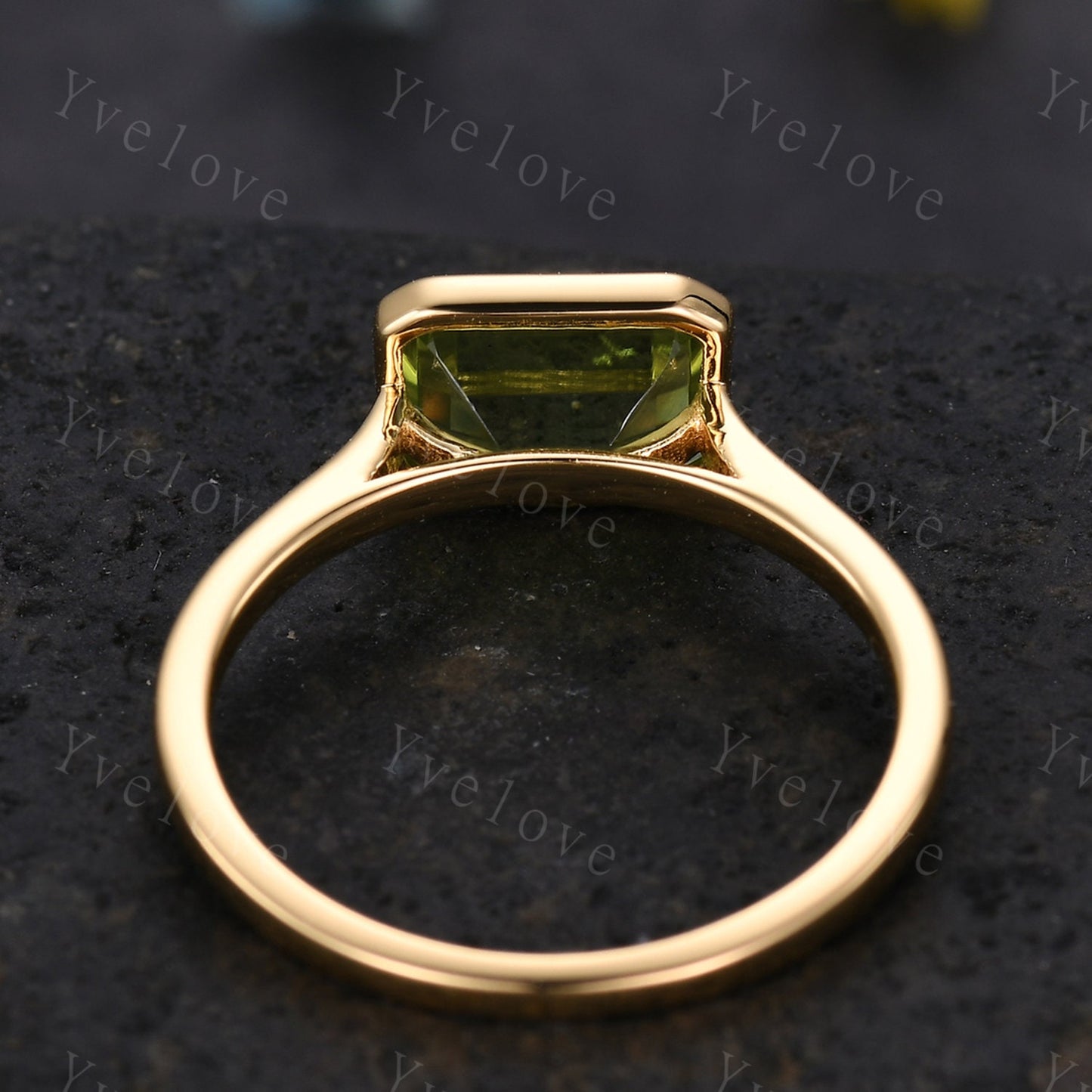 Emerald Cut Peridot Engagement Ring,East To West Ring,Solitaire Ring,Bezel Set Ring,Bridal Wedding Ring,Solid Gold,Thin band Women Ring Gift