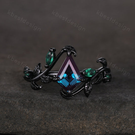 Kite cut Alexandrite engagement ring black gold ring Art deco twig leaf ring unique marquise cut emerald wedding ring bridal promise ring
