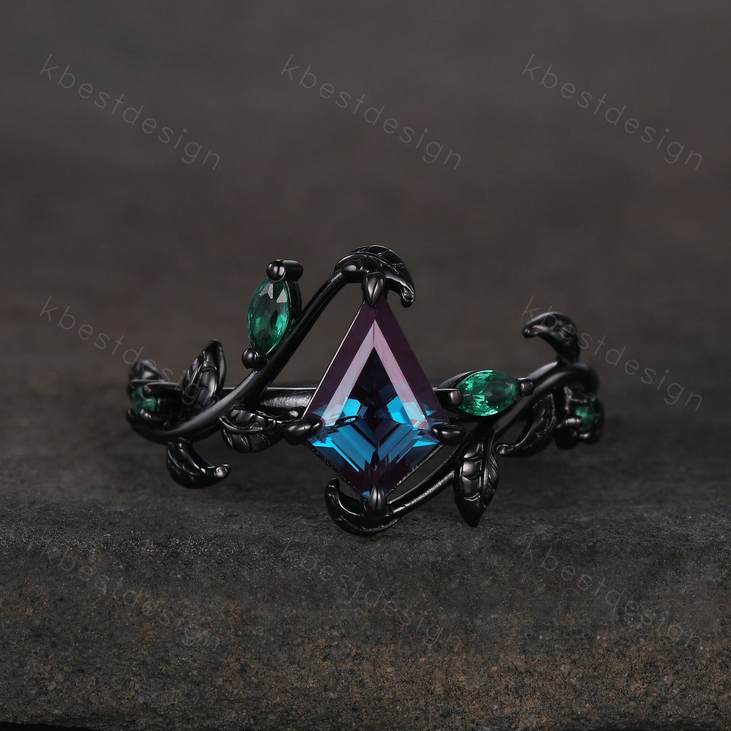 Kite cut Alexandrite engagement ring black gold ring Art deco twig leaf ring unique marquise cut emerald wedding ring bridal promise ring