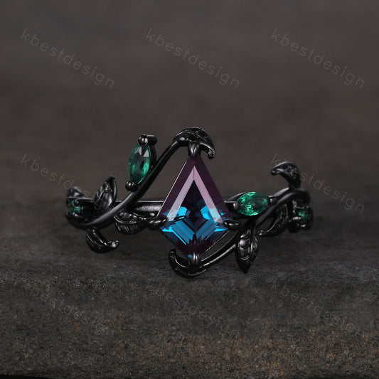 Kite cut Alexandrite engagement ring black gold ring Art deco twig leaf ring unique marquise cut emerald wedding ring bridal promise ring