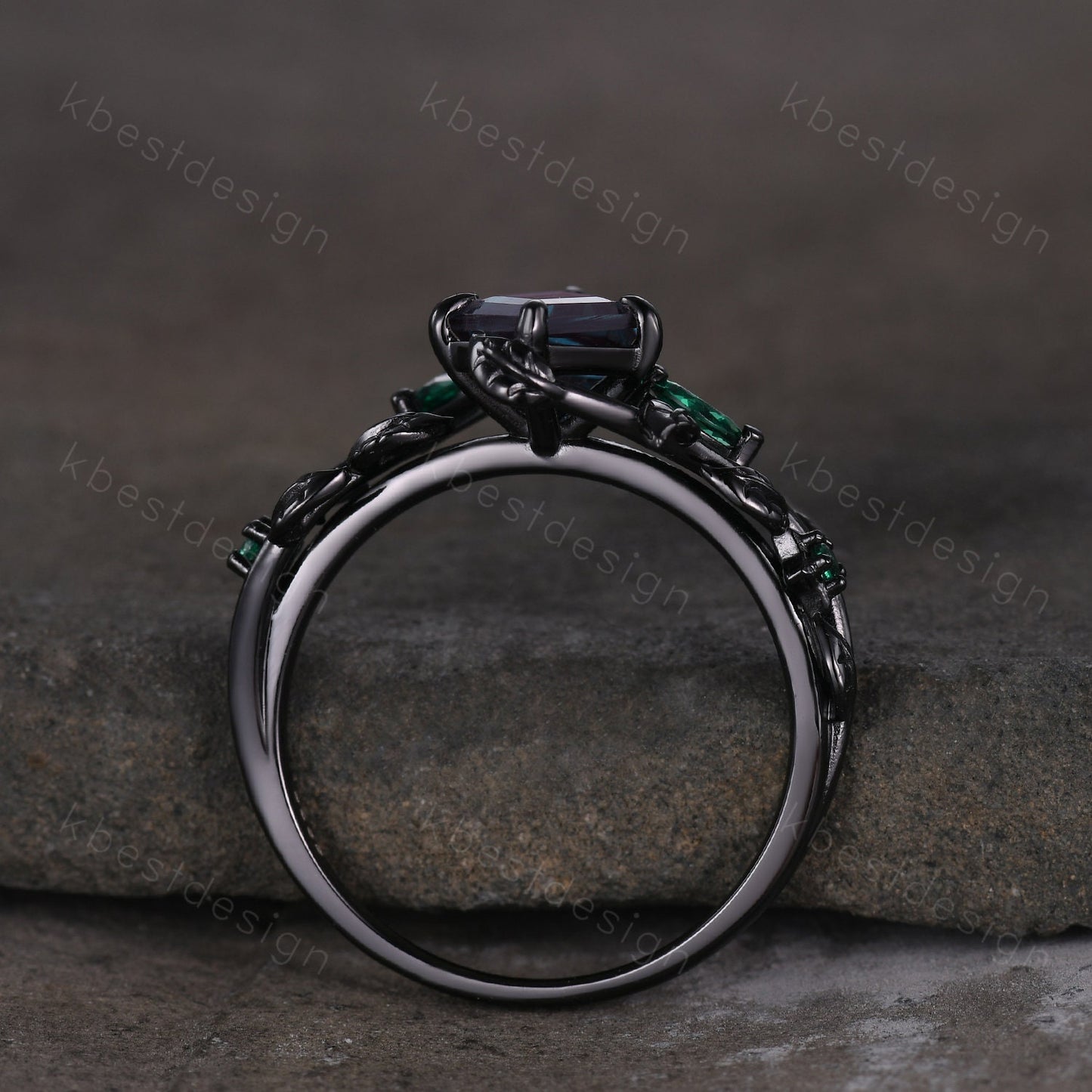 Kite cut Alexandrite engagement ring black gold ring Art deco twig leaf ring unique marquise cut emerald wedding ring bridal promise ring