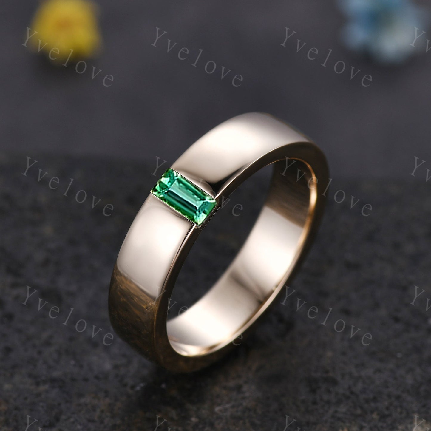 Mens Green Emerald Wedding Band Baguette Cut Band 5mm White Gold Ring Mens Solitaire Stacking Matching Band Retro Vintage Ring May Gift