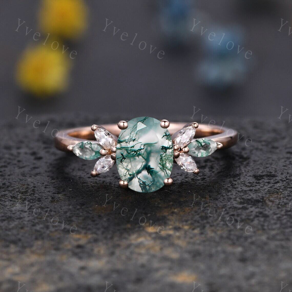 Moss Agate Engagement Ring Women Stacking Matching Band Moissanite Green Agate Ring Unique Vintage Floral Design Promise Bridal Ring Gift