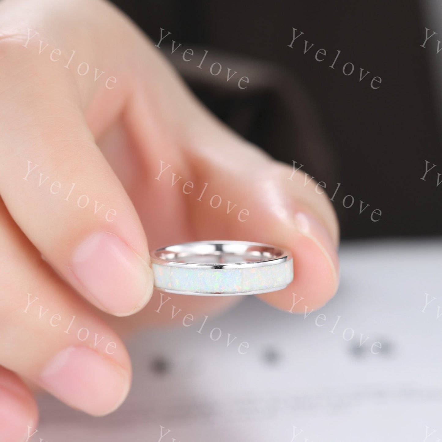 Custom order for Courtney, 6mm width band with full eternity opal, 14K white gold.