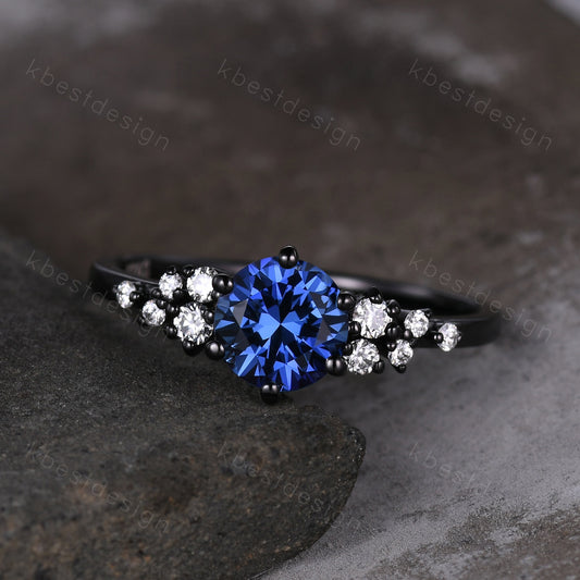 1ct round cut blue sapphire engagement ring unique black gold moissanite ring for women art deco cluster wedding ring bridal promise ring