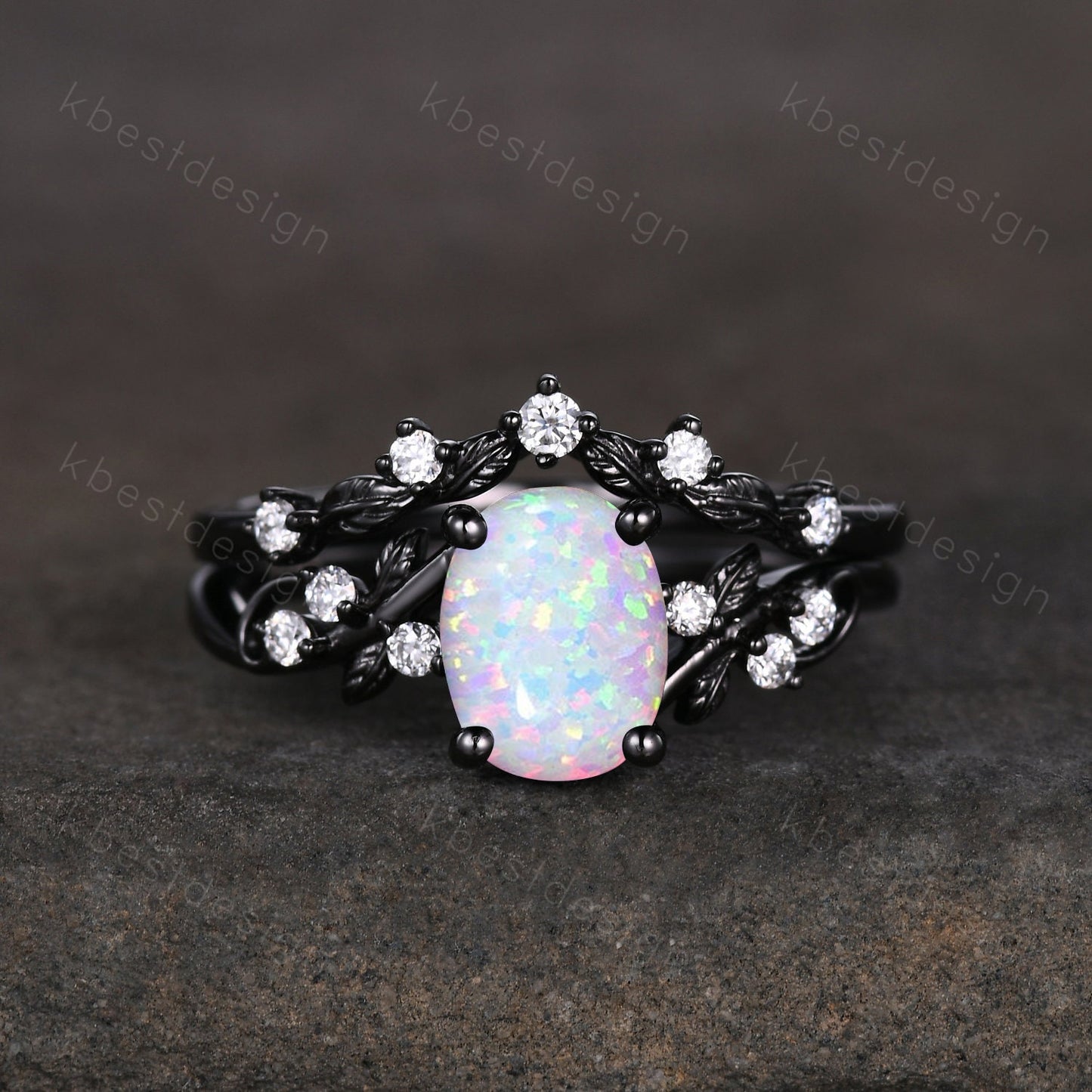 Vintage oval white opal engagement ring set black gold twig leaf moissanite ring nature branch ring unique art deco bridal wedding ring set