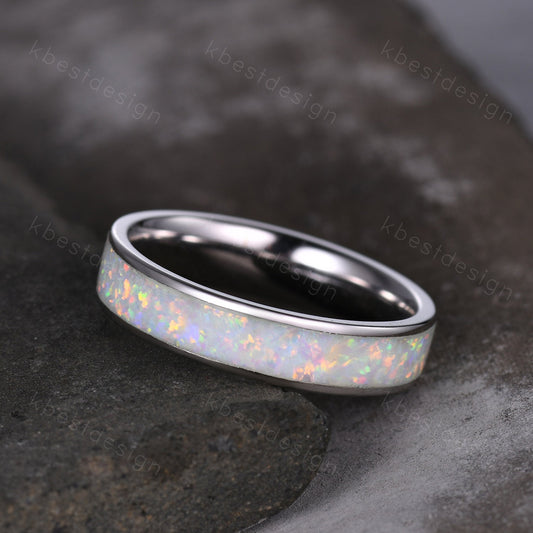 Vintage White Fire Opal Wedding Band 4mm Opal Stacking Band Silver Eternity Band Opal Wedding Ring For Women October Ring Anniversary Gift