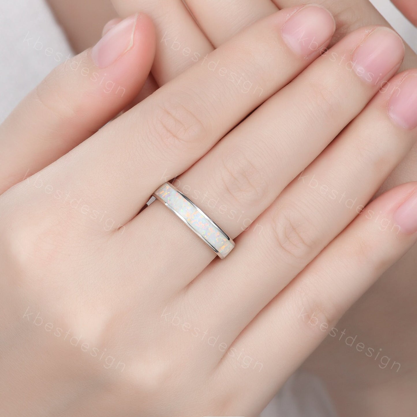Vintage White Fire Opal Inlay 4mm Wedding Band Rose Gold Eternity Band Opal Wedding Ring For Men For Women October Ring Anniversary Ring