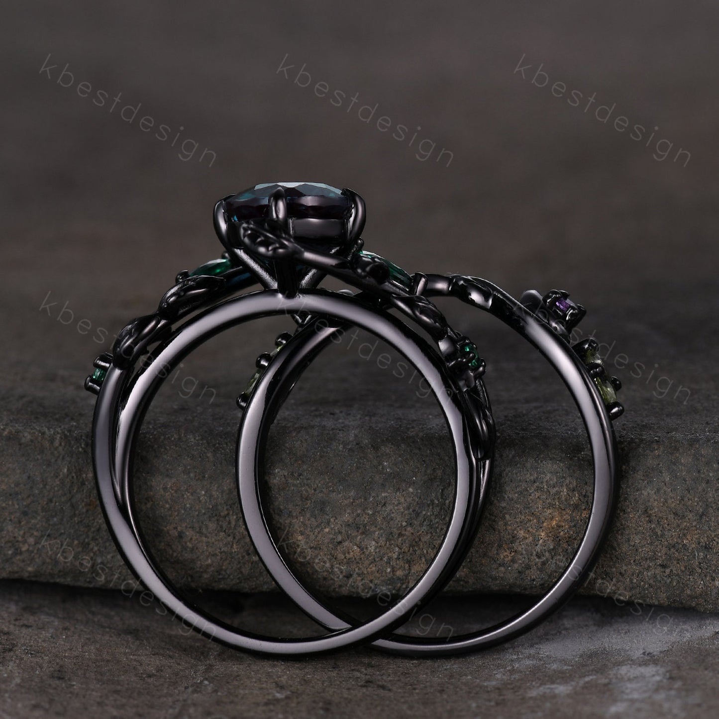 Vintage firework alexandrite engagement ring black gold art deco cluster emerald wedding ring set leaf inspired bridal promise ring for her