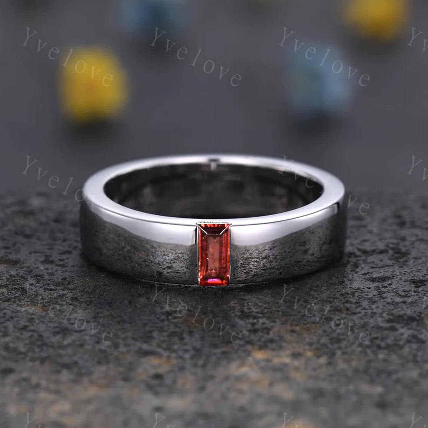 Mens Red Garnet Wedding Band Baguette Cut Garnet Band 5mm Rose Gold Ring Mens Solitaire Stacking Matching Band Retro Vintage Ring Gift