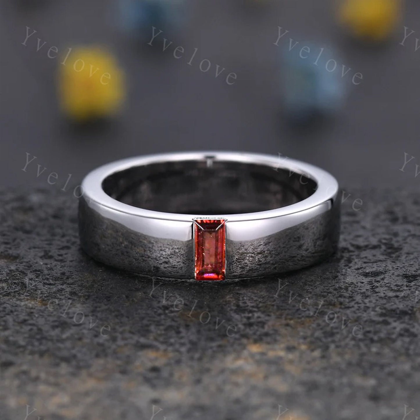 Mens Red Garnet Wedding Band Baguette Cut Garnet Band 5mm Solid Gold Ring Mens Solitaire Stacking Matching Band Retro Vintage Ring Gift