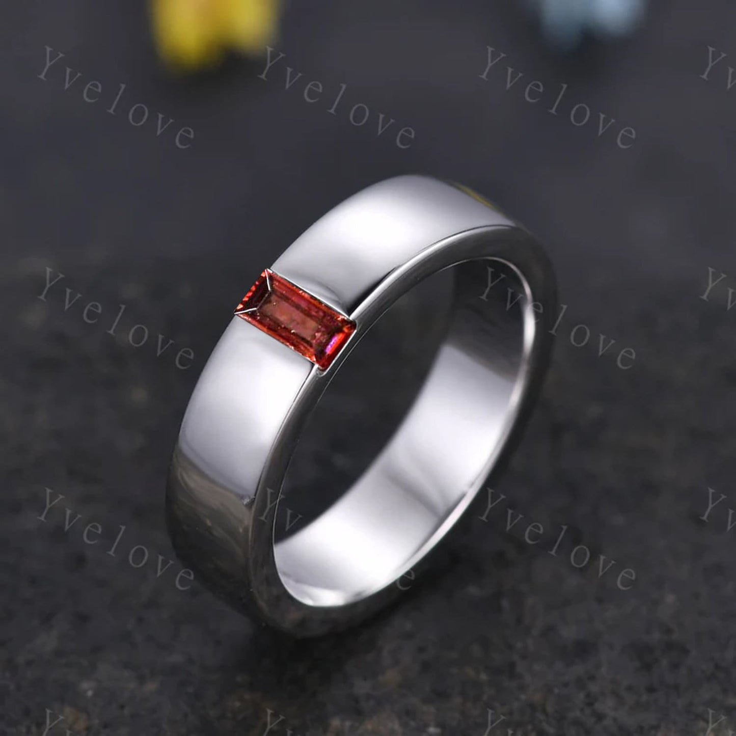 Mens Red Garnet Wedding Band Baguette Cut Garnet Band 5mm Solid Gold Ring Mens Solitaire Stacking Matching Band Retro Vintage Ring Gift