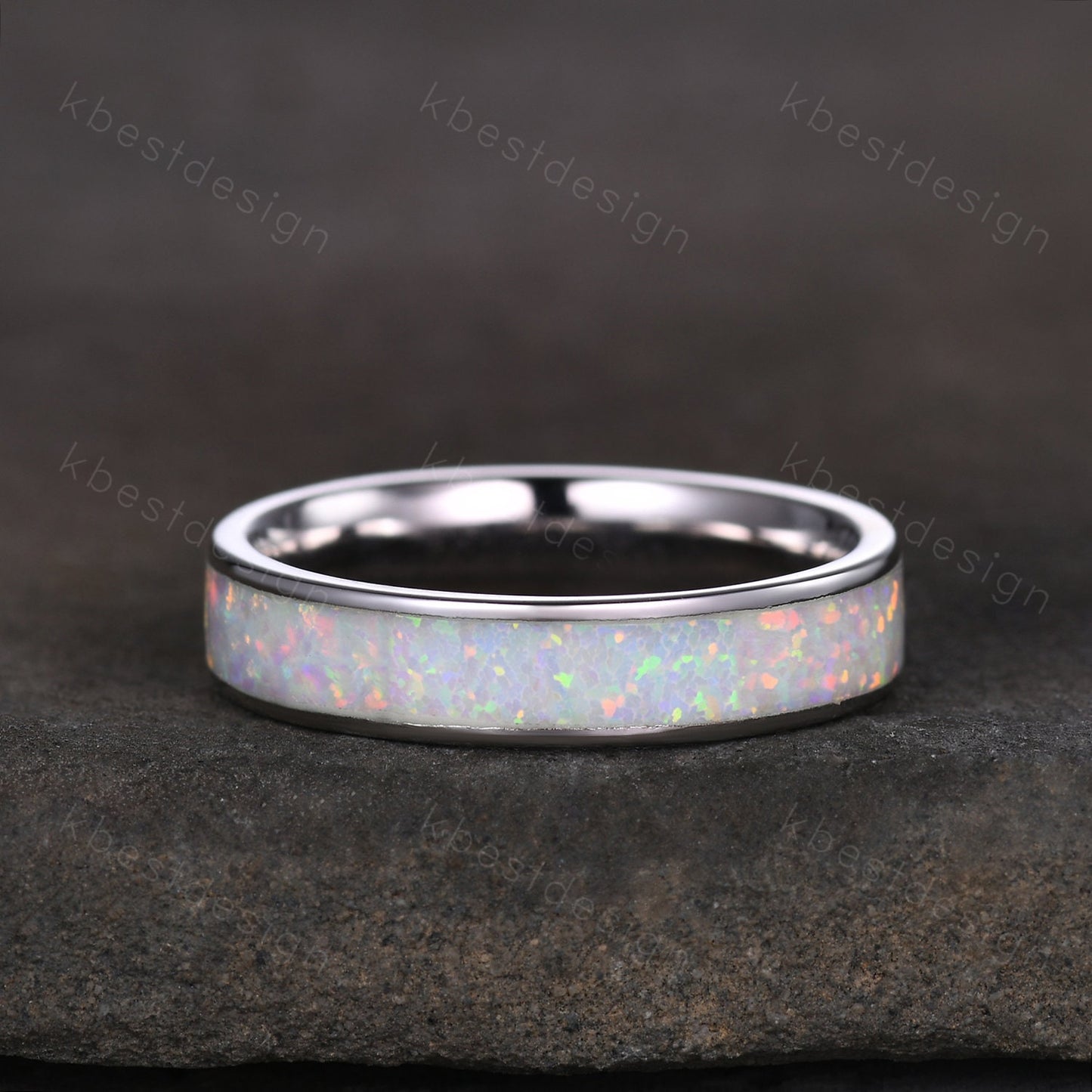 Vintage White Fire Opal Wedding Band 4mm Opal Stacking Band Silver Eternity Band Opal Wedding Ring For Women October Ring Anniversary Gift