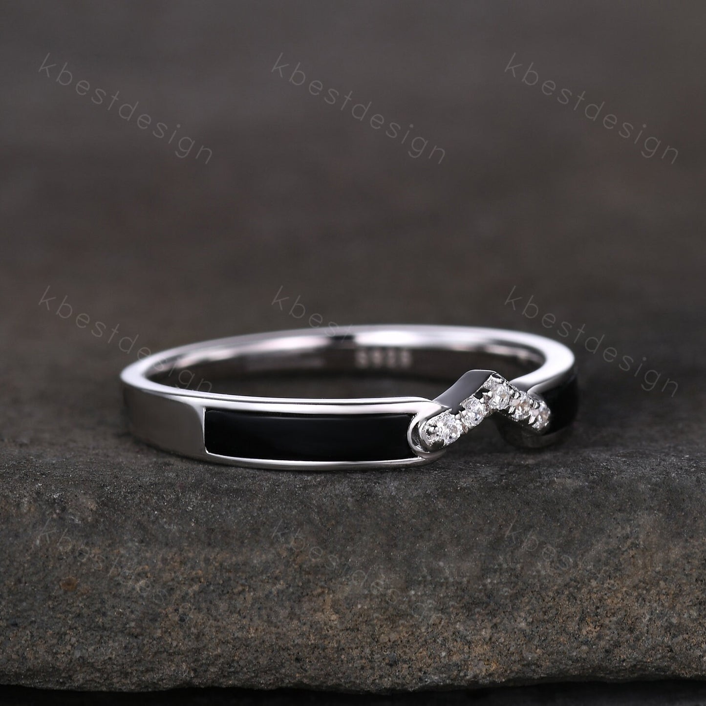 Curved Black Onyx Wedding Band Silver White Gold Ring Unique V Curved Stacking Matching Band Half Eternity Band Anniversary Gift for Her