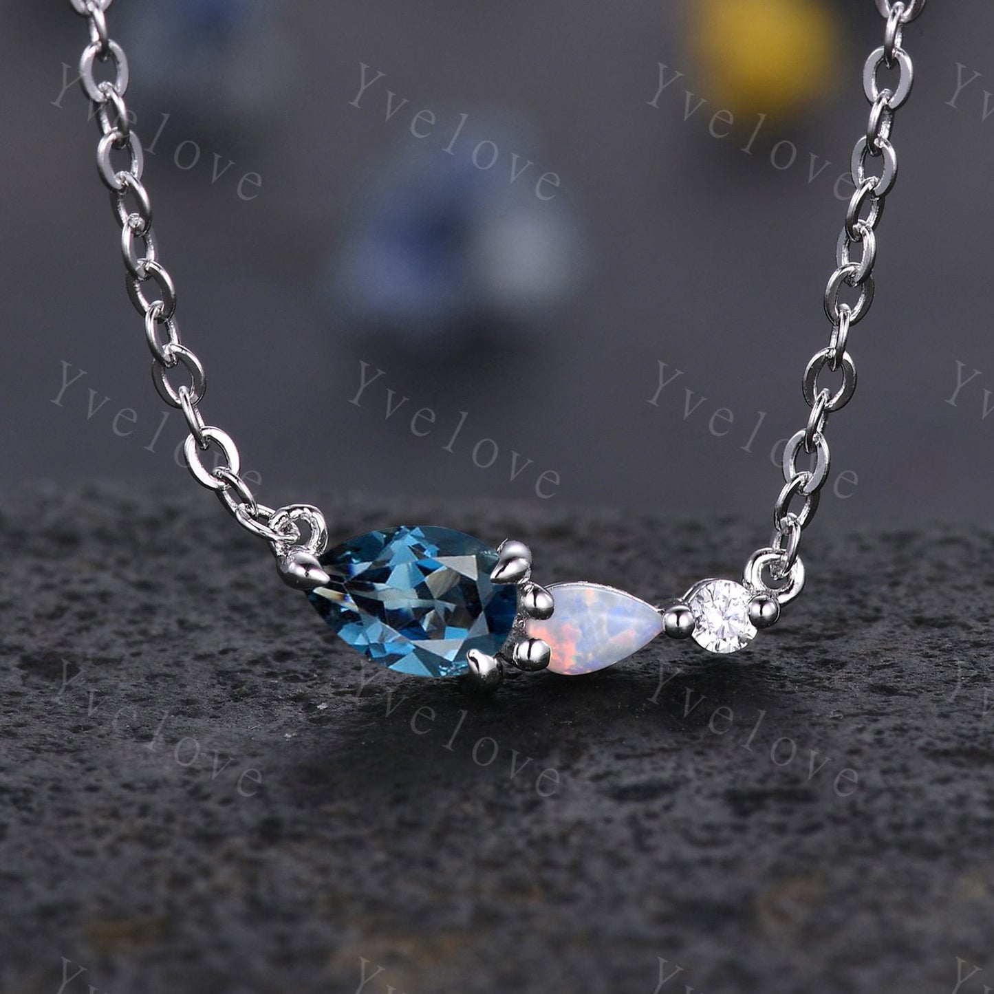 Unique London Blue Topaz Opal Necklace,Pear Cut Gems,Art Deco Diamond Delicate Dainty Necklace,3 Stone Unique Women Bridal Gift,Personalized