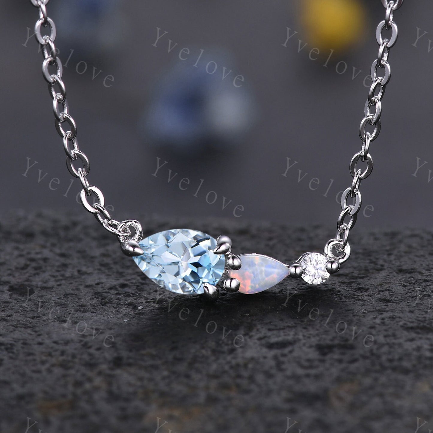 Unique London Blue Topaz Opal Necklace,Pear Cut Gems,Art Deco Diamond Delicate Dainty Necklace,3 Stone Unique Women Bridal Gift,Personalized