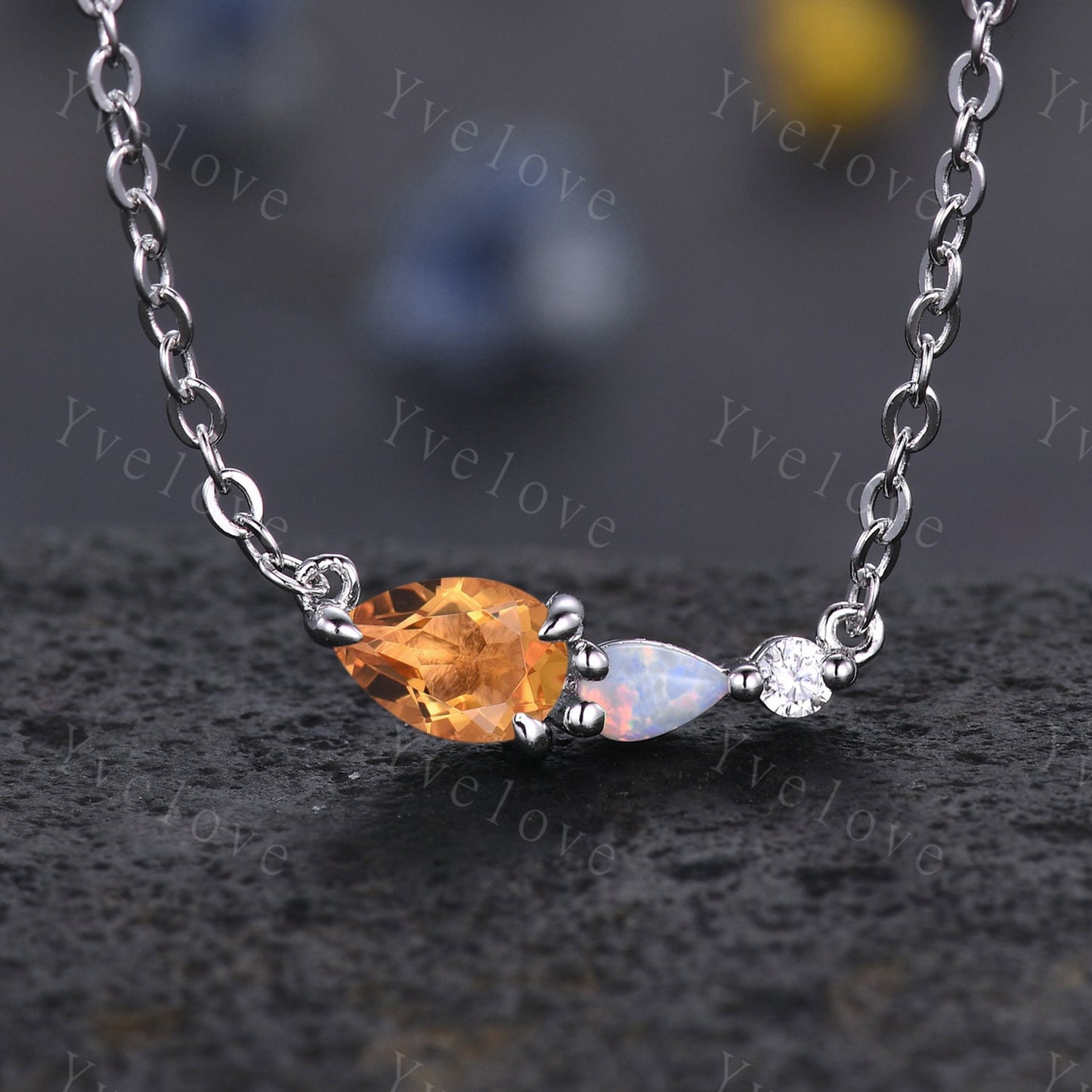Unique Smoky Quartz Opal Necklace,Pear Cut Gems,Art Deco Moissanite Diamond Delicate Dainty Necklace,3 Stone Unique Women Bridal Gift,Silver