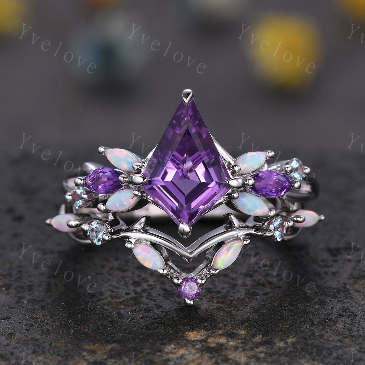 Vintage Kite Amethyst Engagement Ring Set,White Gold,Vines Amethyst Opal Ring,Women Bridal Set,Unique Twig Anniversary Promise Ring Gift