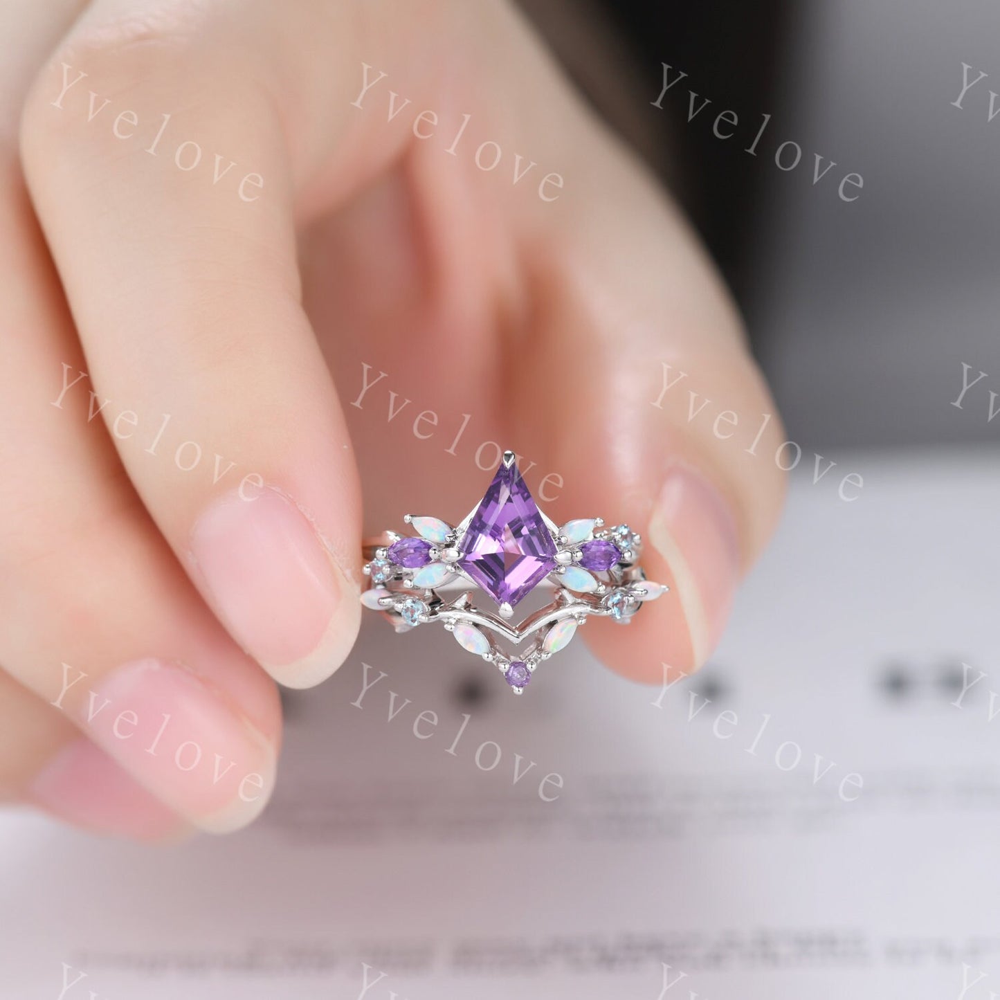 Vintage Kite Amethyst Engagement Ring Set,White Gold,Vines Amethyst Opal Ring,Women Bridal Set,Unique Twig Anniversary Promise Ring Gift