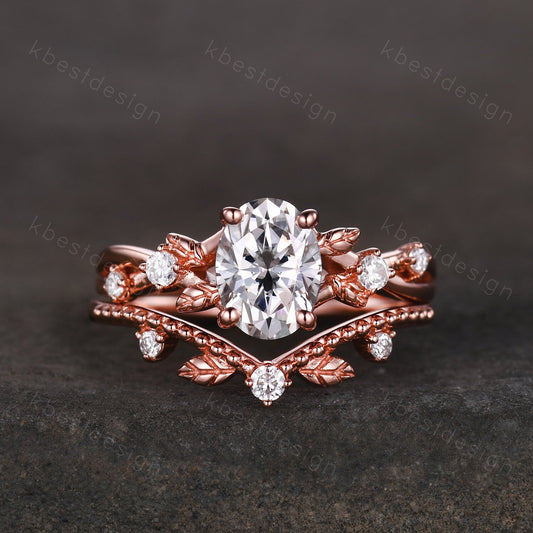 Vintage oval moissanite engagement ring set rose gold twig leaf stacking ring nature branch ring unique art deco bridal wedding ring set