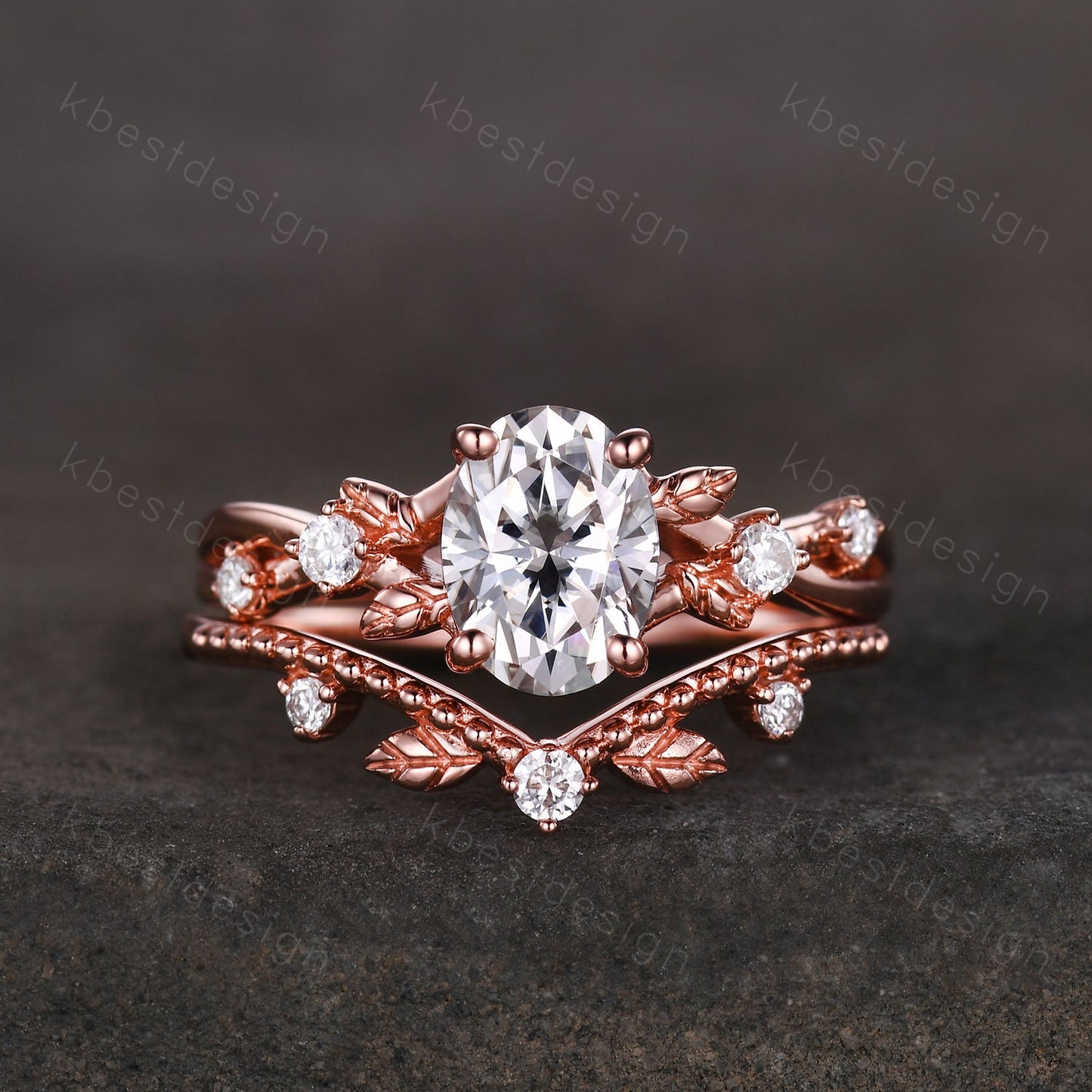 Vintage oval moissanite engagement ring set rose gold twig leaf stacking ring nature branch ring unique art deco bridal wedding ring set