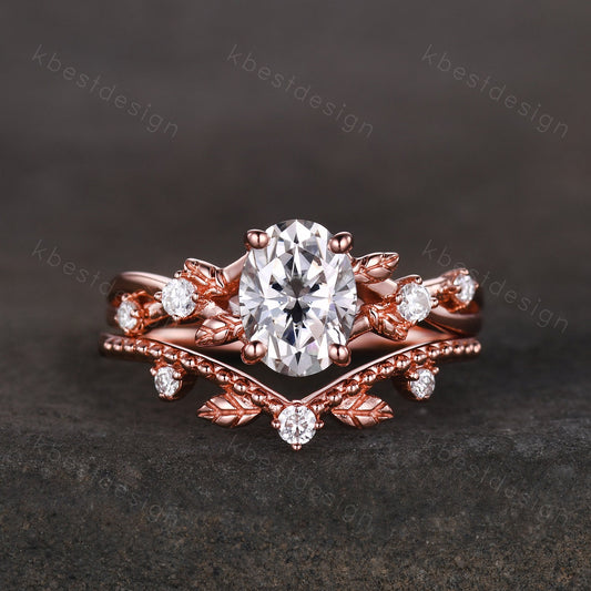 Vintage oval moissanite engagement ring set rose gold twig leaf stacking ring nature branch ring unique art deco bridal wedding ring set