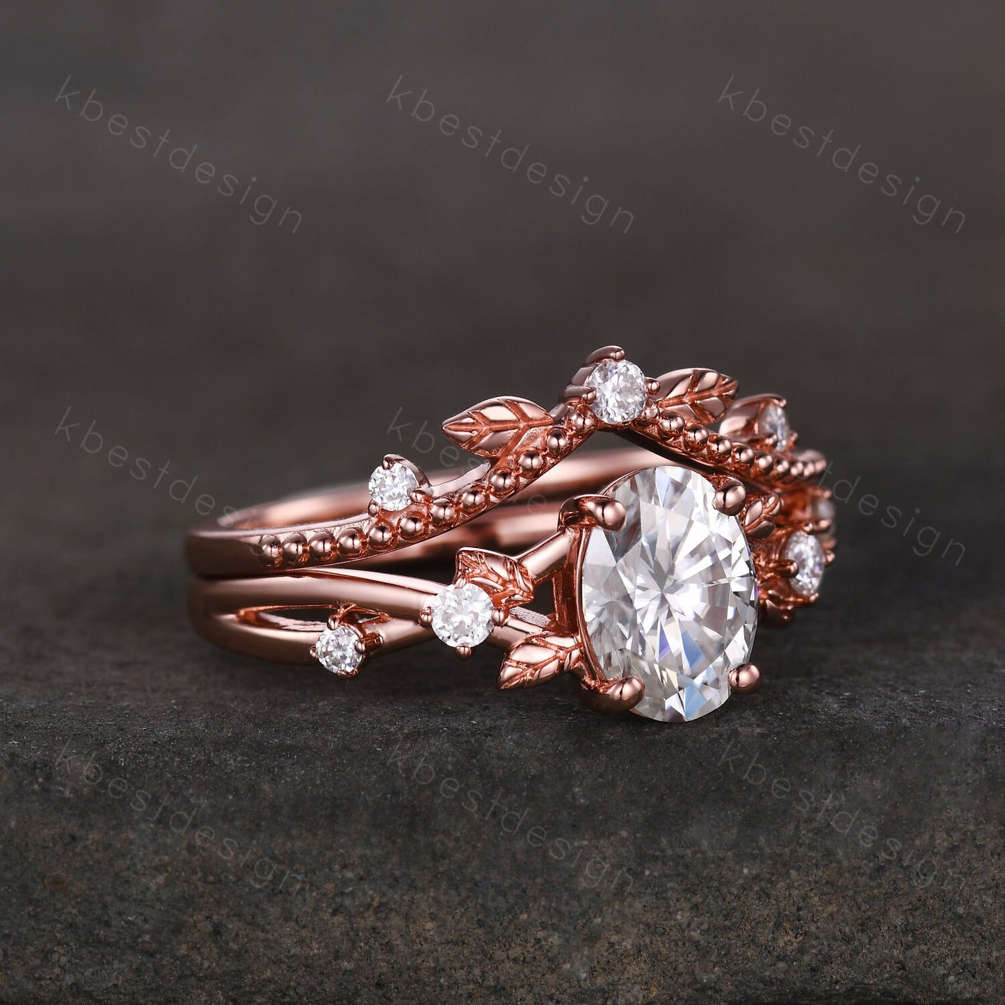Vintage oval moissanite engagement ring set rose gold twig leaf stacking ring nature branch ring unique art deco bridal wedding ring set