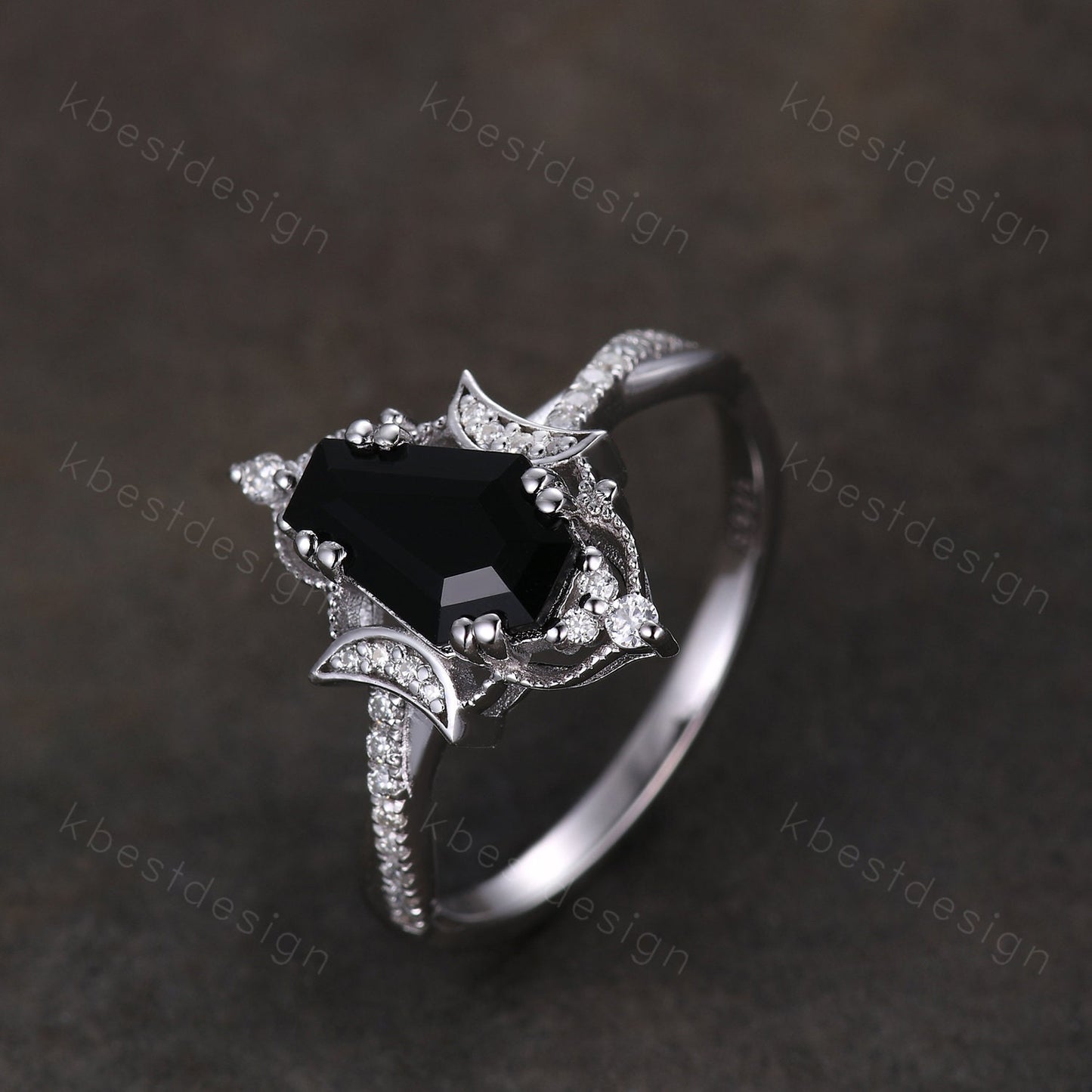 Vintage black onyx engagement ring silver coffin cut engagement ring unique moon goddess ring art deco twisted band moissanite bridal ring