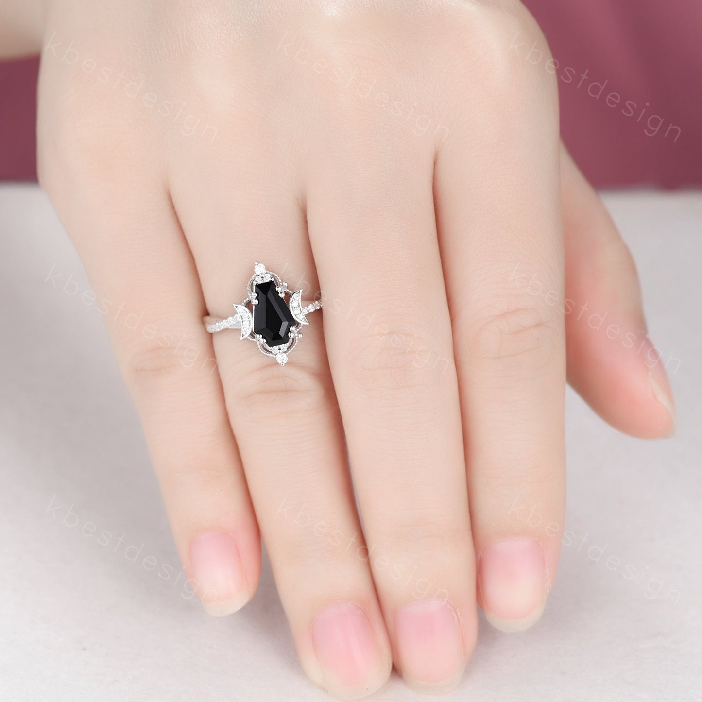 3PCS black onyx engagement ring sterling silver ring art deco curved stacking band coffin shaped bridal set unique moissanite wedding set