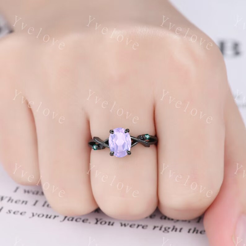 Unique Twig Oval Lavender amethyst Engagement Ring Set,Vintage Leaf Emerald Ring,Black Gold Branch Ring,Art Deco Promise Bridal Wedding Set
