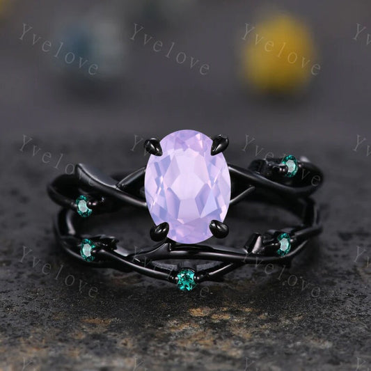 Unique Twig Oval Lavender amethyst Engagement Ring Set,Vintage Leaf Emerald Ring,Black Gold Branch Ring,Art Deco Promise Bridal Wedding Set