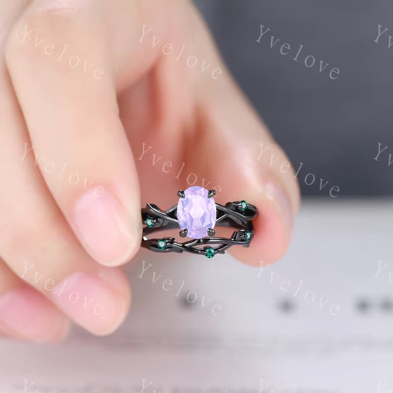 Unique Twig Oval Lavender amethyst Engagement Ring Set,Vintage Leaf Emerald Ring,Black Gold Branch Ring,Art Deco Promise Bridal Wedding Set
