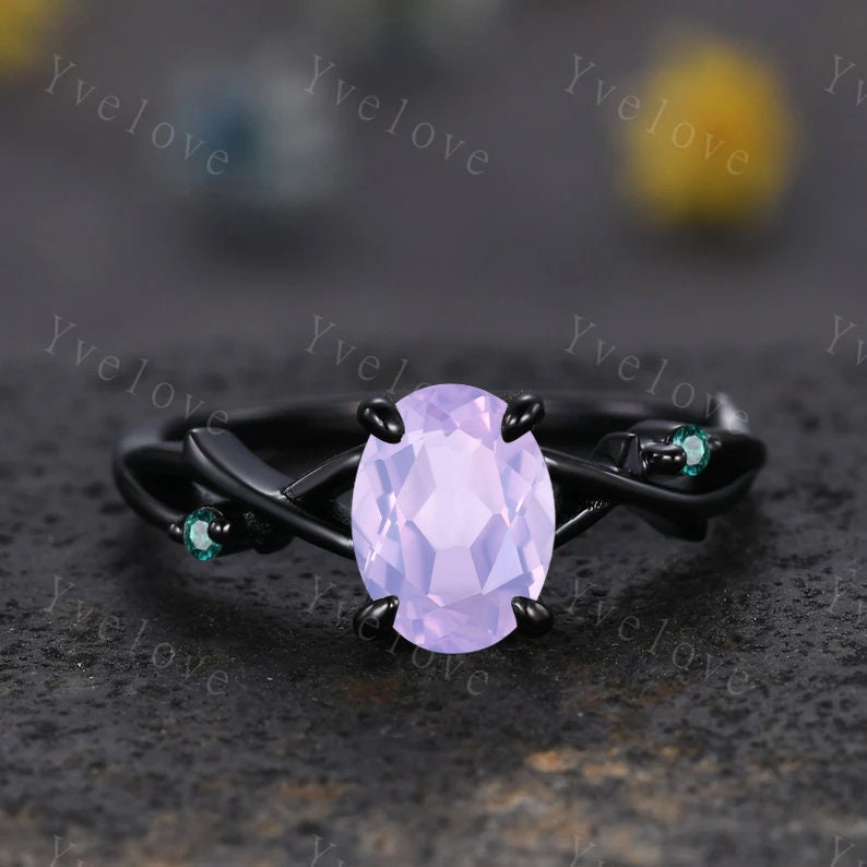Unique Twig Oval Lavender amethyst Engagement Ring Set,Vintage Leaf Emerald Ring,Black Gold Branch Ring,Art Deco Promise Bridal Wedding Set