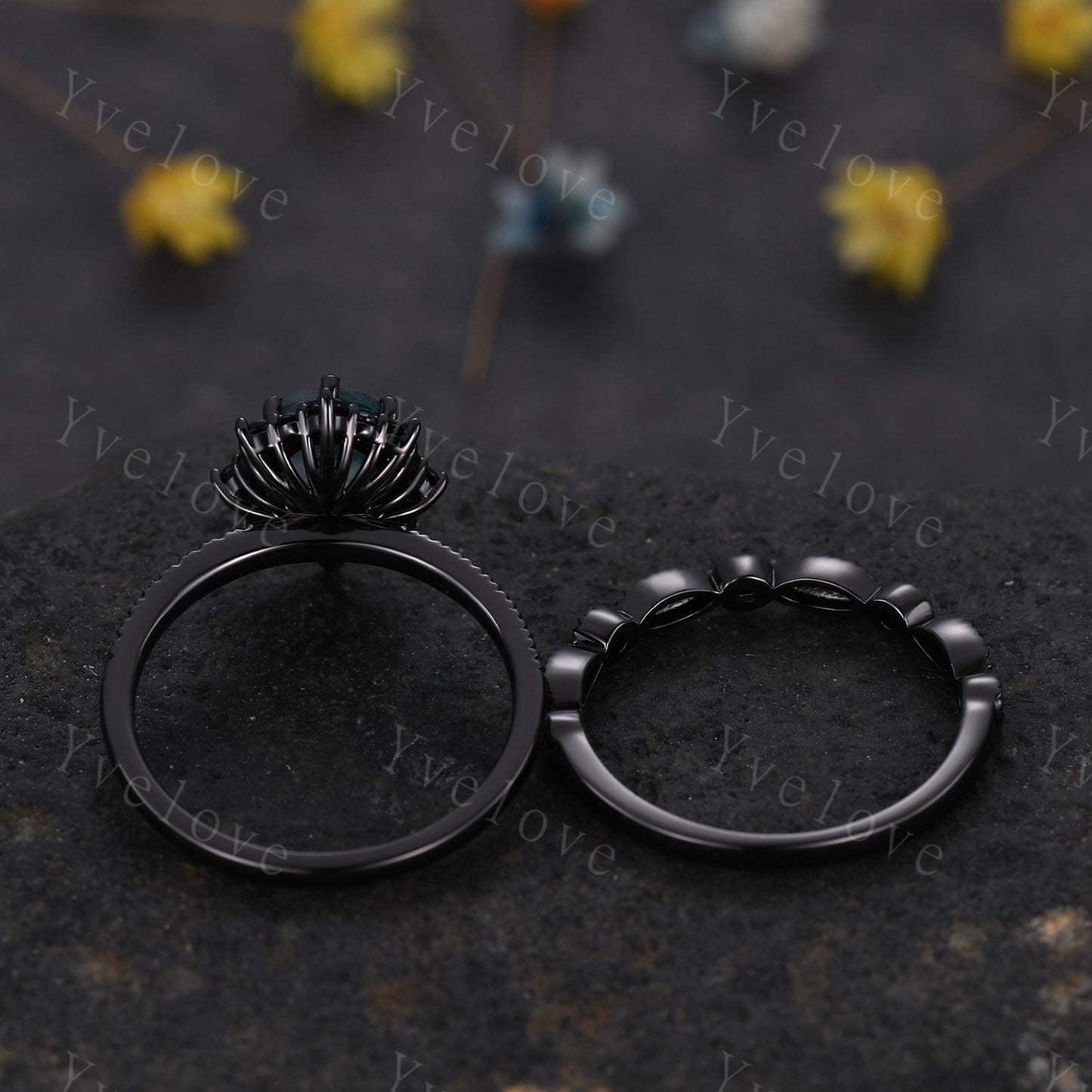 Gothic Oval Shape Citrine Engagement Ring Set,Black Gold Black Diamond Promise Ring Set Unique Rhodium Black Witchy Ring Bridal Set Gift